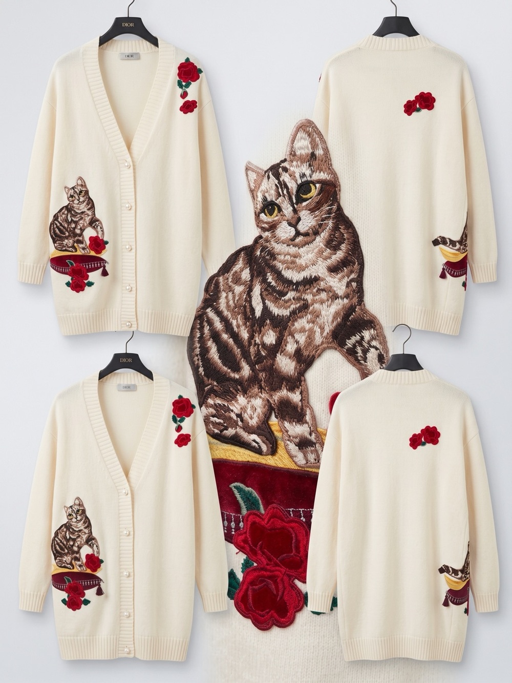 Cream Open-Front Cardigan Sweater with Cat & Rose Appliqué